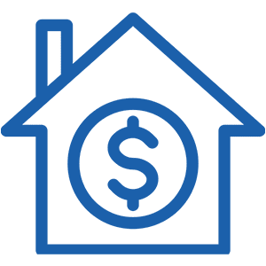 A blue outline of a house with a dollar sign inside a circle, symbolizing real estate or property value.